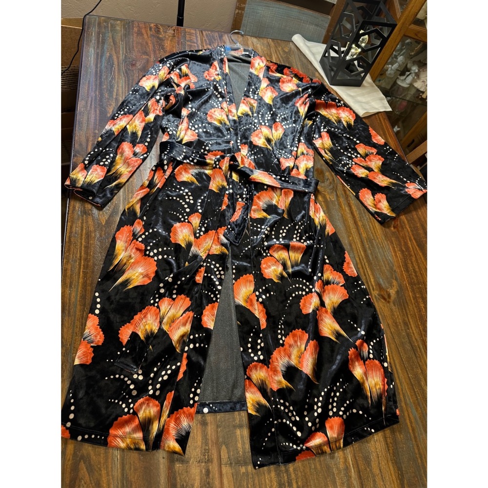 World Market Velvet Floral Polka Dot Robe Duster Black Orange One Size O/S